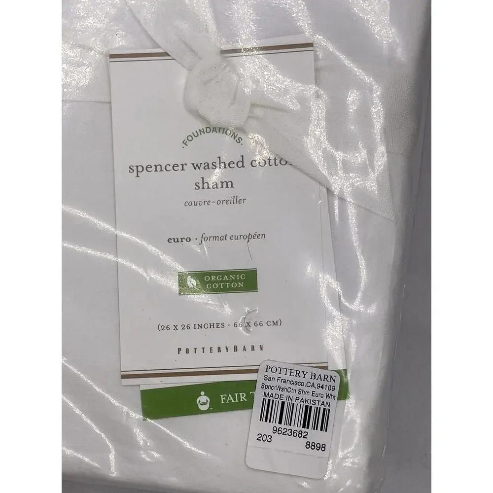 Pottery Barn Spencer Soft Washed Organic Cotton White Euro Pillow Sham New